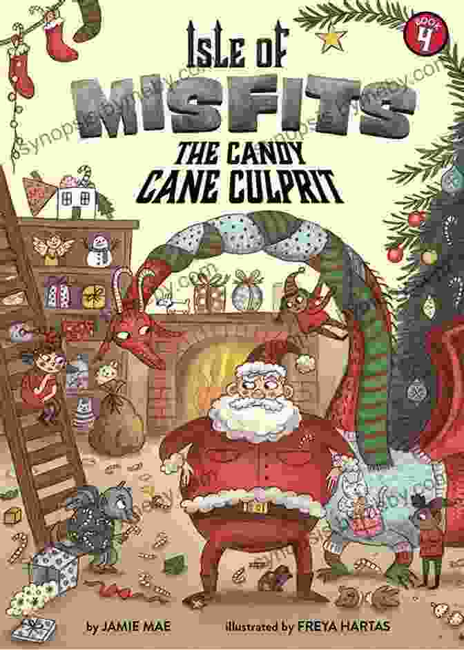 Book Cover Of The Candy Cane Culprit, Featuring Squeaky And Goggles Holding A Candy Cane Isle Of Misfits 4: The Candy Cane Culprit